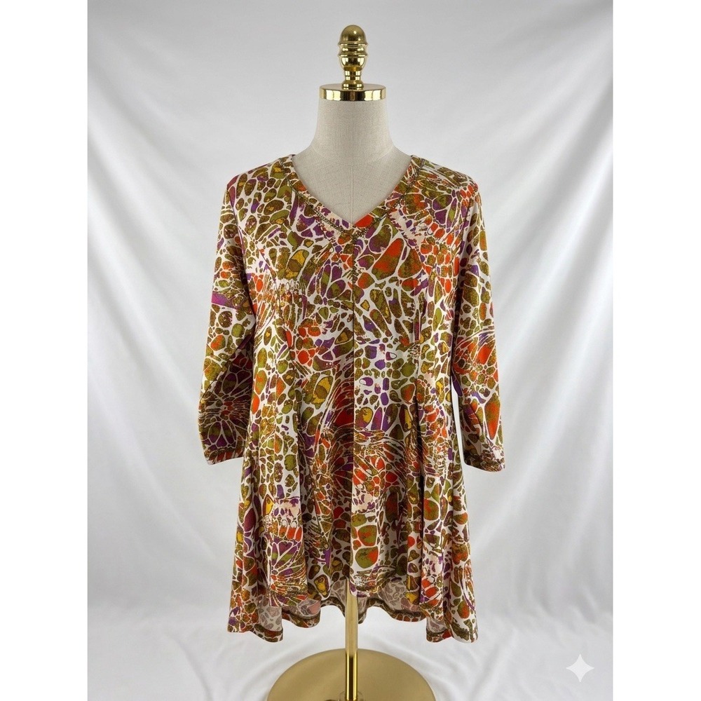 Attitudes by Renee Como Jersey Godet Tunic With Seaming Top Spice Mosaic Size L